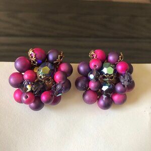 Beautiful Purple Pink Ombré Cluster Clip On Cluster Earrings Beaded Statement